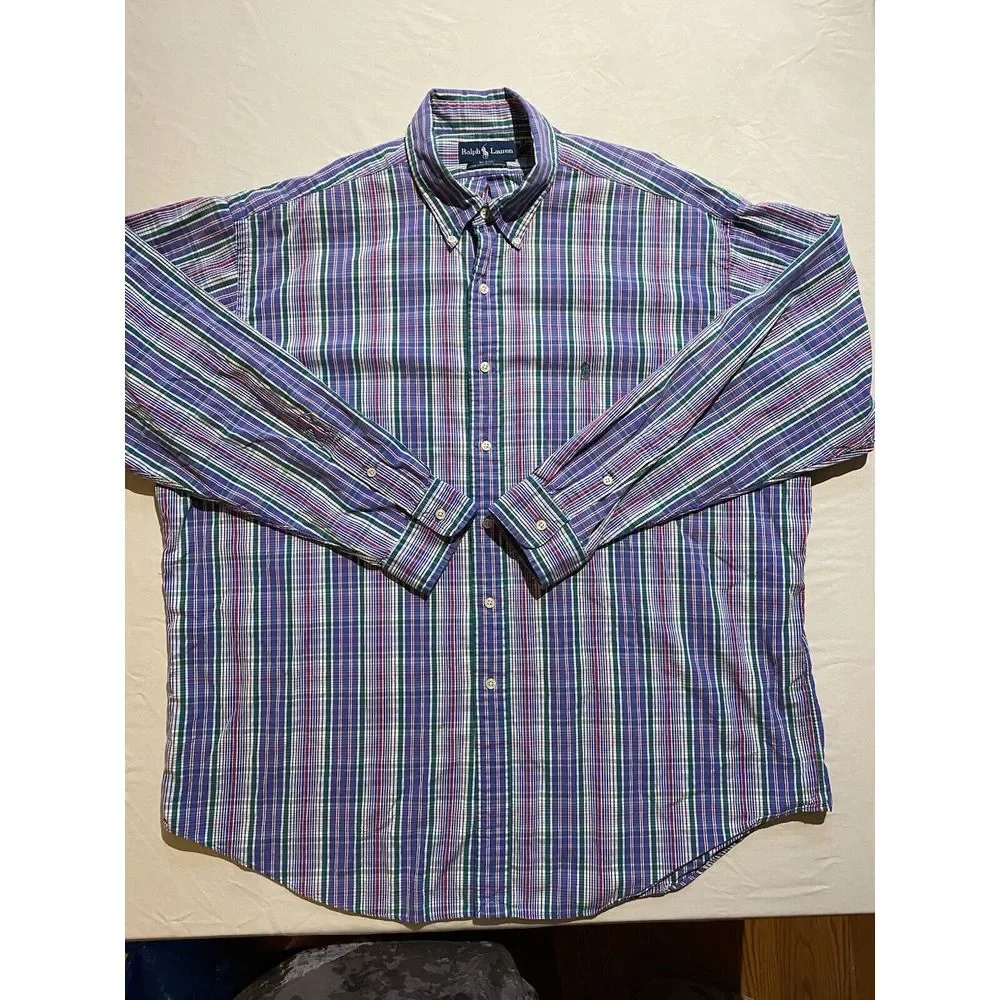Ralph Lauren Mens XXL Blue/Green Blake 2-ply‎ Button Up Long Sleeve Green Pony